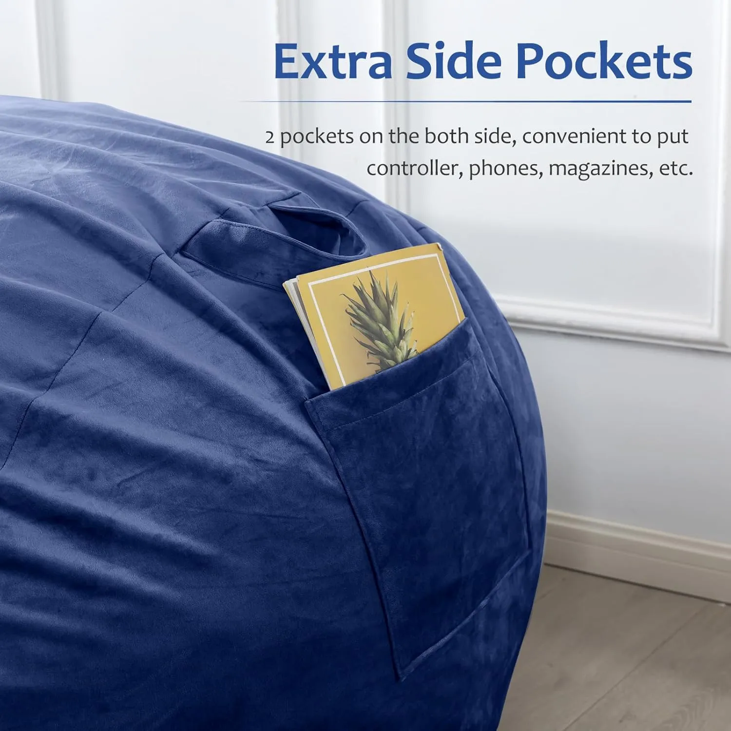 WhatsBedding 7ft Fuf XXL Memory Foam Filled Bean Bag Chair with Removable Cover,Bean Bags for Adults,Soft Dutch Velvet,Thoughtful Pull-tab & Side Pockets,Machine Washable,7 feet Giant,Cobalt
