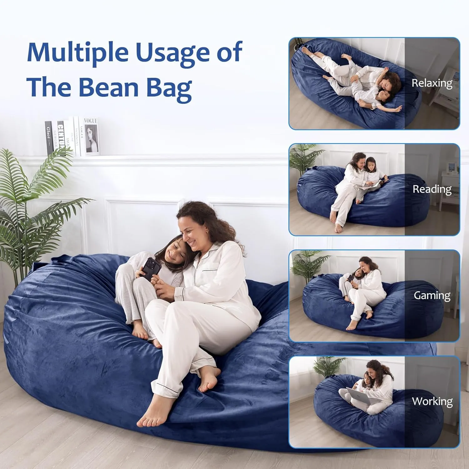 WhatsBedding 7ft Fuf XXL Memory Foam Filled Bean Bag Chair with Removable Cover,Bean Bags for Adults,Soft Dutch Velvet,Thoughtful Pull-tab & Side Pockets,Machine Washable,7 feet Giant,Cobalt