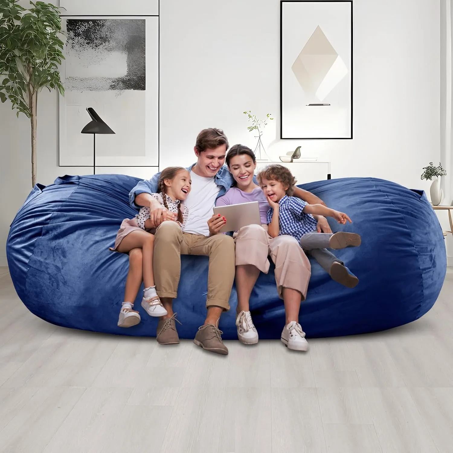 WhatsBedding 7ft Fuf XXL Memory Foam Filled Bean Bag Chair with Removable Cover,Bean Bags for Adults,Soft Dutch Velvet,Thoughtful Pull-tab & Side Pockets,Machine Washable,7 feet Giant,Cobalt