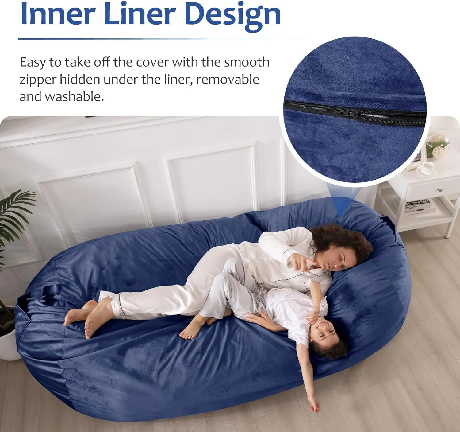 WhatsBedding 7ft Fuf XXL Memory Foam Filled Bean Bag Chair with Removable Cover,Bean Bags for Adults,Soft Dutch Velvet,Thoughtful Pull-tab & Side Pockets,Machine Washable,7 feet Giant,Cobalt