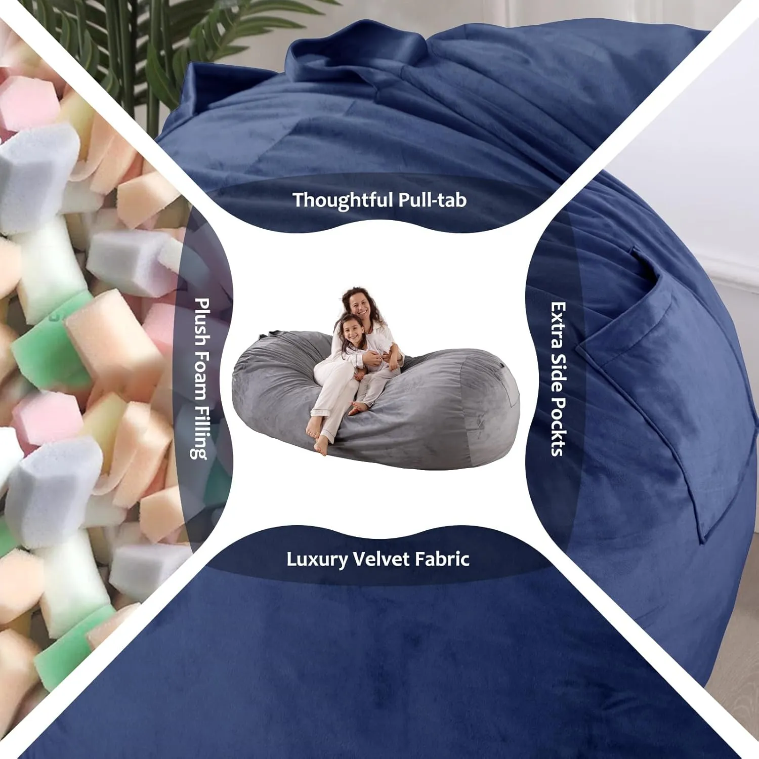 WhatsBedding 7ft Fuf XXL Memory Foam Filled Bean Bag Chair with Removable Cover,Bean Bags for Adults,Soft Dutch Velvet,Thoughtful Pull-tab & Side Pockets,Machine Washable,7 feet Giant,Cobalt