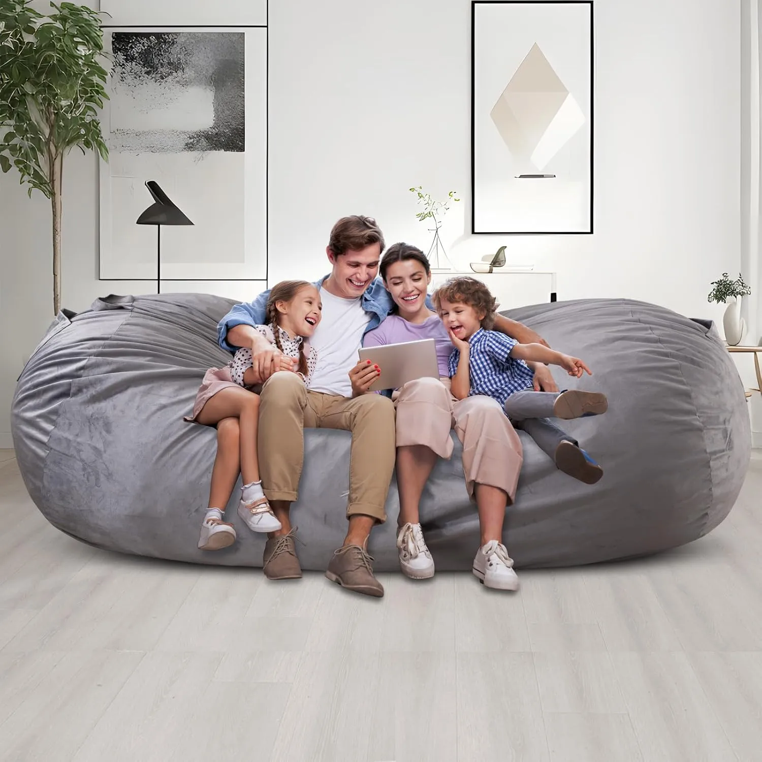 WhatsBedding 7ft Fuf XXL Memory Foam Filled Bean Bag Chair with Removable Cover,Bean Bags for Adults,Soft Dutch Velvet,Thoughtful Pull-tab & Side Pockets,Machine Washable,7 feet Giant,Fog Grey