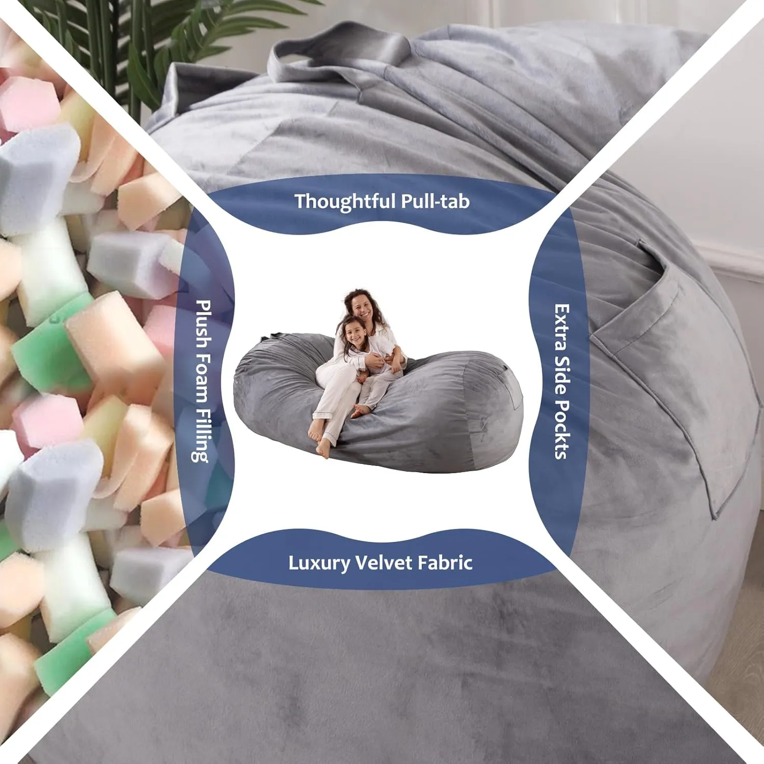 WhatsBedding 7ft Fuf XXL Memory Foam Filled Bean Bag Chair with Removable Cover,Bean Bags for Adults,Soft Dutch Velvet,Thoughtful Pull-tab & Side Pockets,Machine Washable,7 feet Giant,Fog Grey