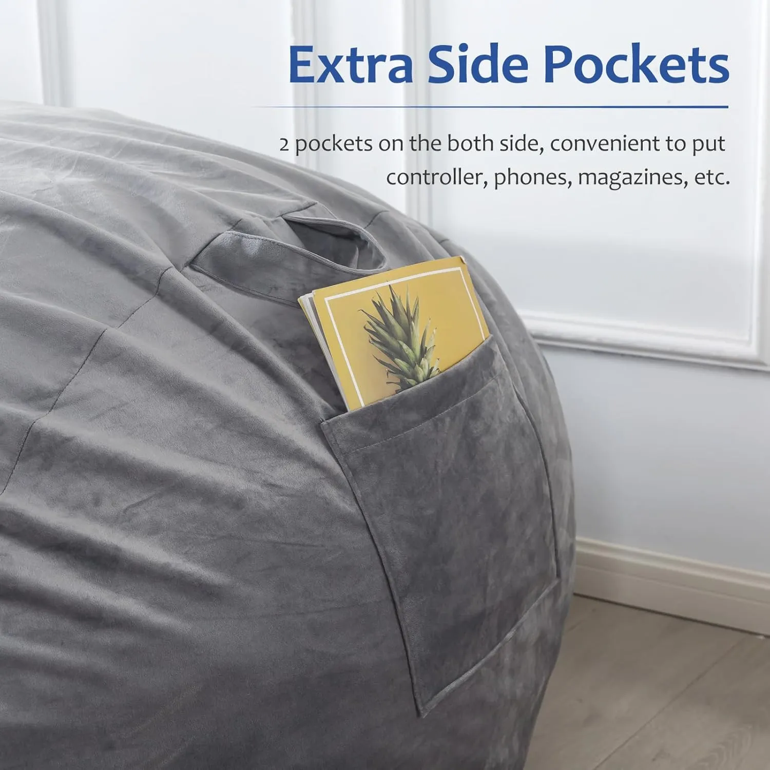 WhatsBedding 7ft Fuf XXL Memory Foam Filled Bean Bag Chair with Removable Cover,Bean Bags for Adults,Soft Dutch Velvet,Thoughtful Pull-tab & Side Pockets,Machine Washable,7 feet Giant,Fog Grey