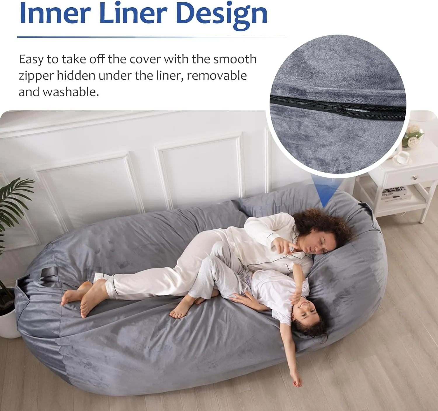 WhatsBedding 7ft Fuf XXL Memory Foam Filled Bean Bag Chair with Removable Cover,Bean Bags for Adults,Soft Dutch Velvet,Thoughtful Pull-tab & Side Pockets,Machine Washable,7 feet Giant,Fog Grey
