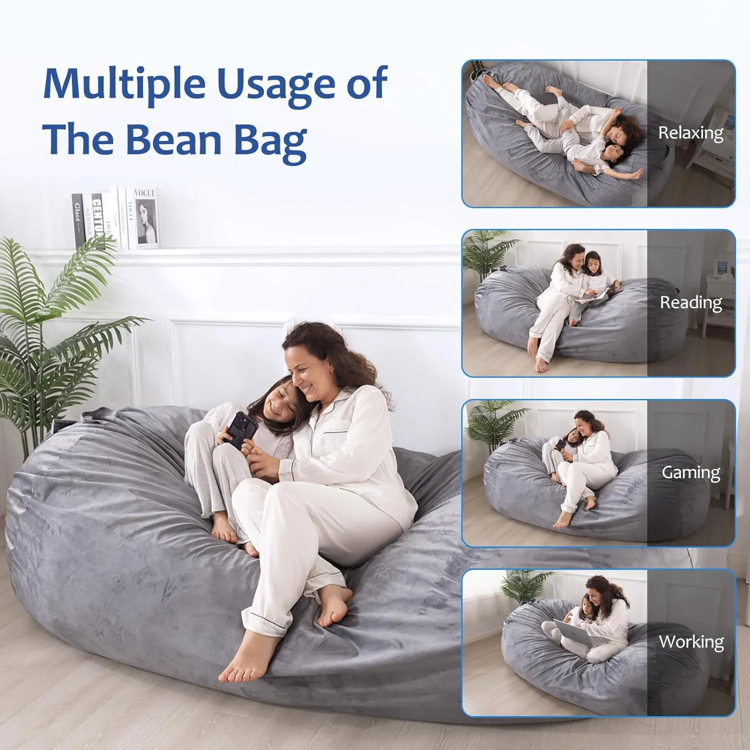 WhatsBedding 7ft Fuf XXL Memory Foam Filled Bean Bag Chair with Removable Cover,Bean Bags for Adults,Soft Dutch Velvet,Thoughtful Pull-tab & Side Pockets,Machine Washable,7 feet Giant,Fog Grey