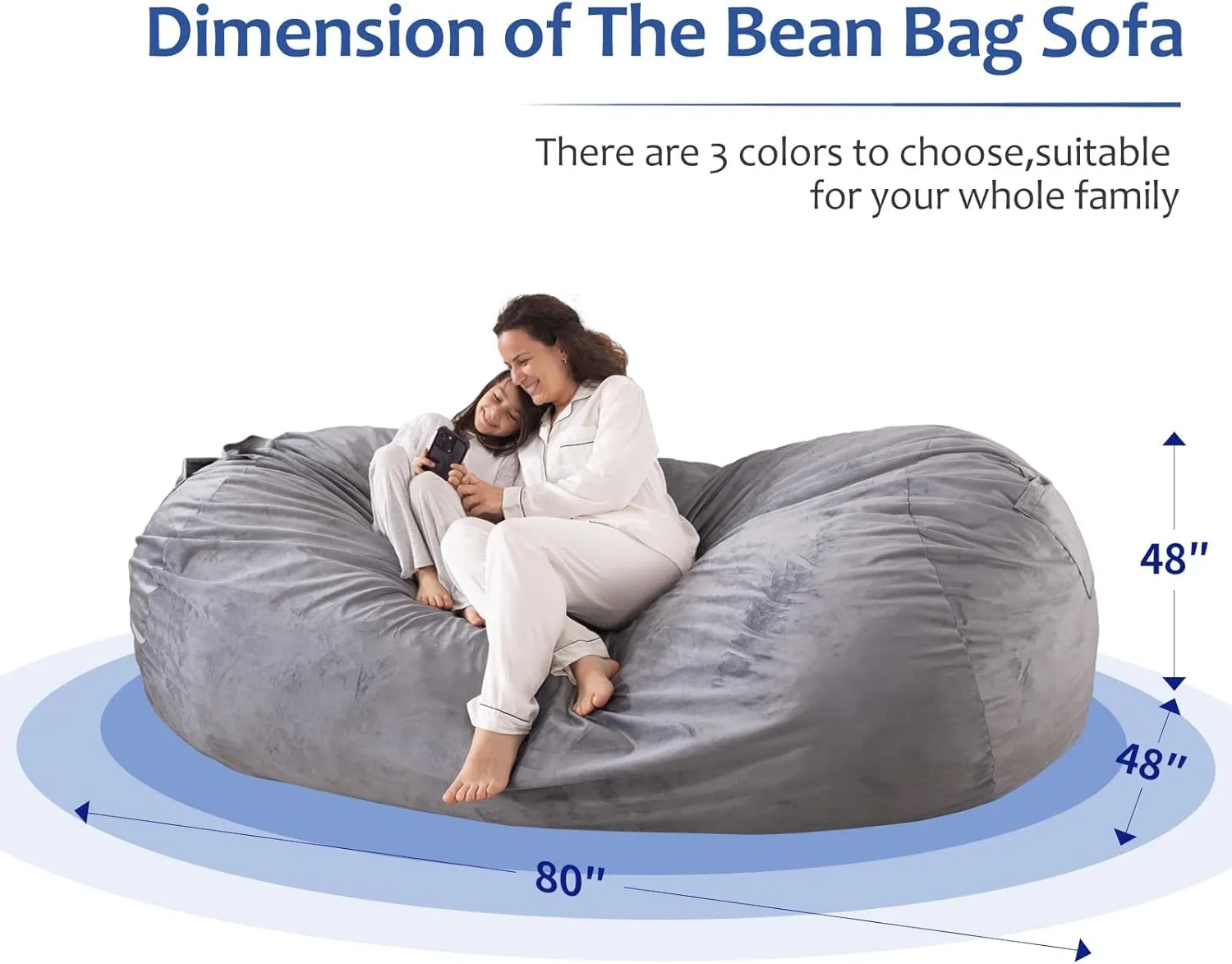 WhatsBedding 7ft Fuf XXL Memory Foam Filled Bean Bag Chair with Removable Cover,Bean Bags for Adults,Soft Dutch Velvet,Thoughtful Pull-tab & Side Pockets,Machine Washable,7 feet Giant,Fog Grey