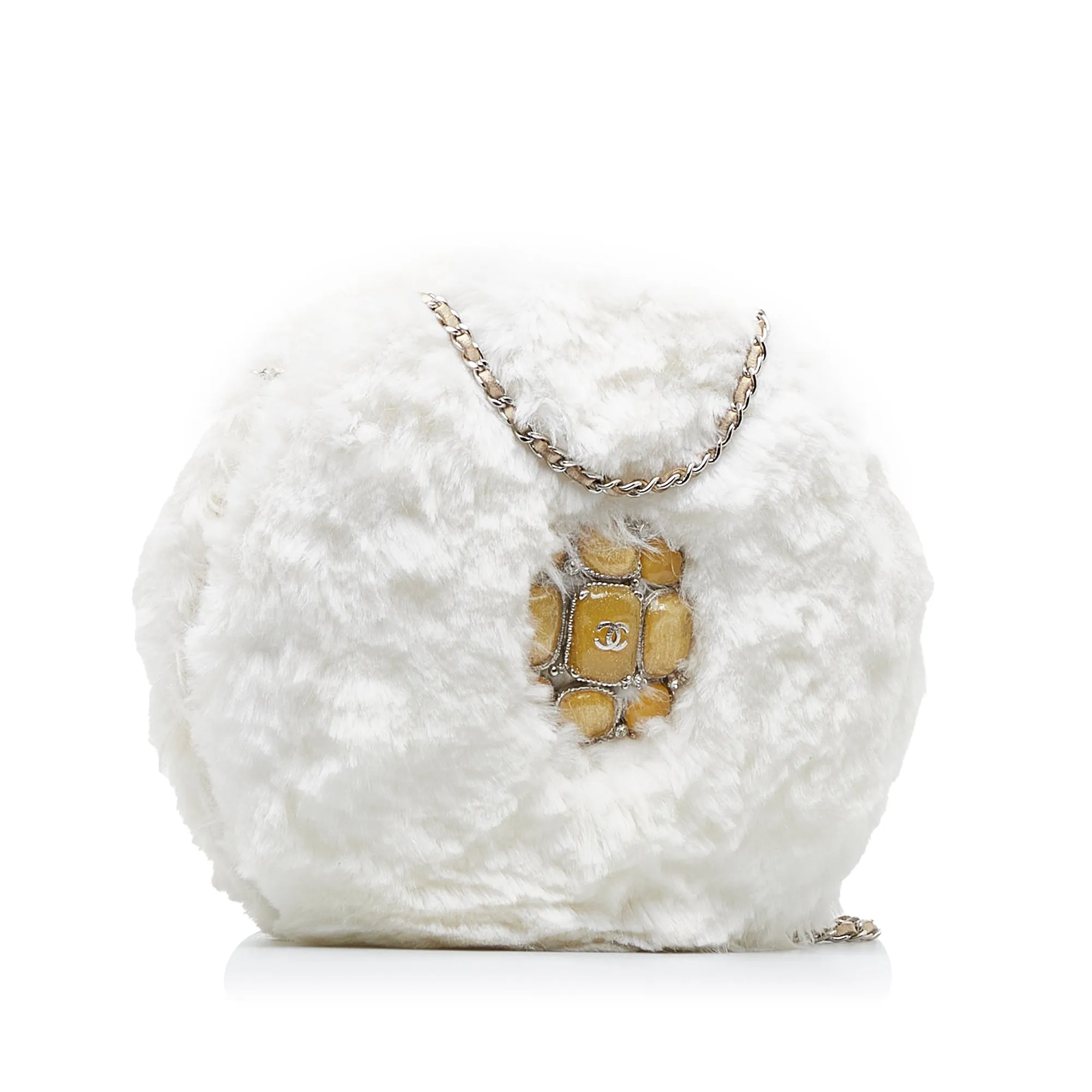 White Chanel CC Crystal Embellished Faux Fur Round Crossbody