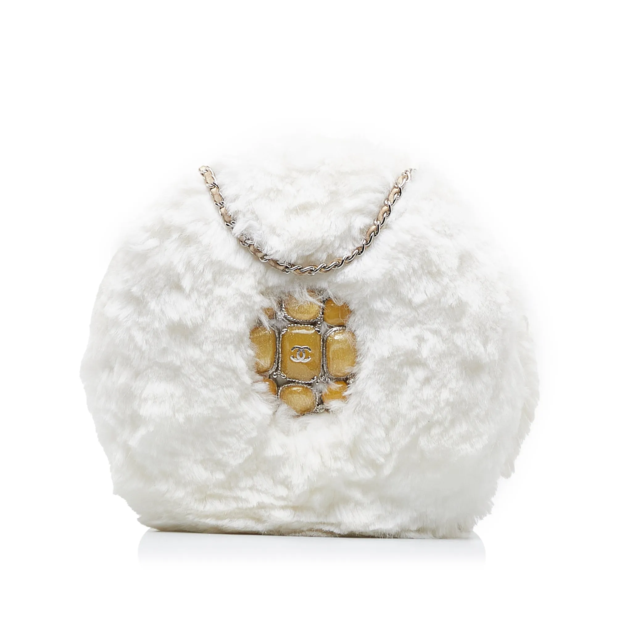 White Chanel CC Crystal Embellished Faux Fur Round Crossbody