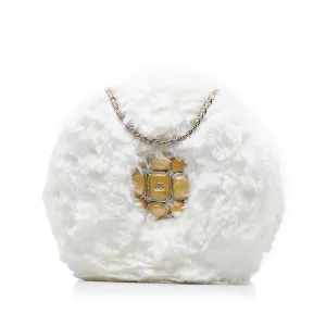 White Chanel CC Crystal Embellished Faux Fur Round Crossbody