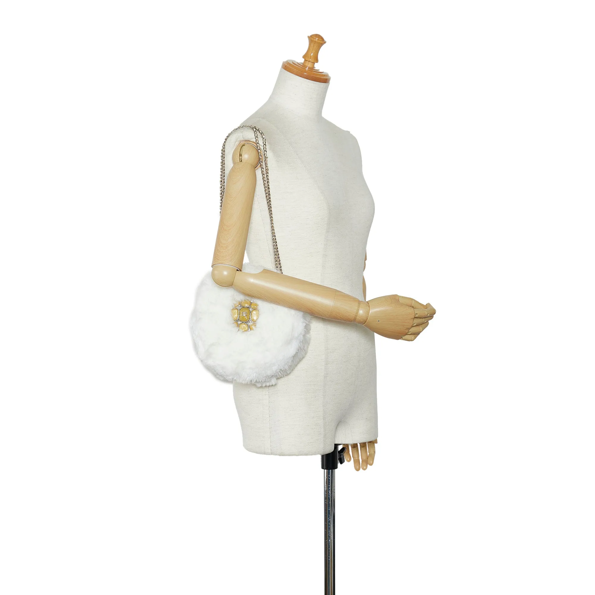 White Chanel CC Crystal Embellished Faux Fur Round Crossbody
