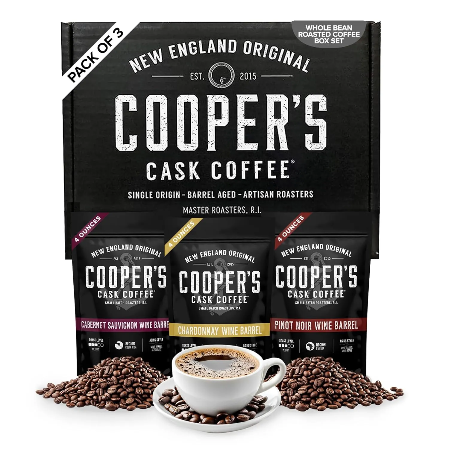 Wine Barrel Aged Coffee Gift Box Set, Sampler Roasted Coffee Costa Rica, Kenya, & Rwanda Beans Aged In Cabernet Sauvignon, Chardonnay, & Pinot Noir Wine Barrels, Medium Roast Whole Bean, 4 oz Bags, 12 oz Total
