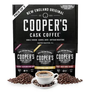 Wine Barrel Aged Coffee Gift Box Set, Sampler Roasted Coffee Costa Rica, Kenya, & Rwanda Beans Aged In Cabernet Sauvignon, Chardonnay, & Pinot Noir Wine Barrels, Medium Roast Whole Bean, 4 oz Bags, 12 oz Total