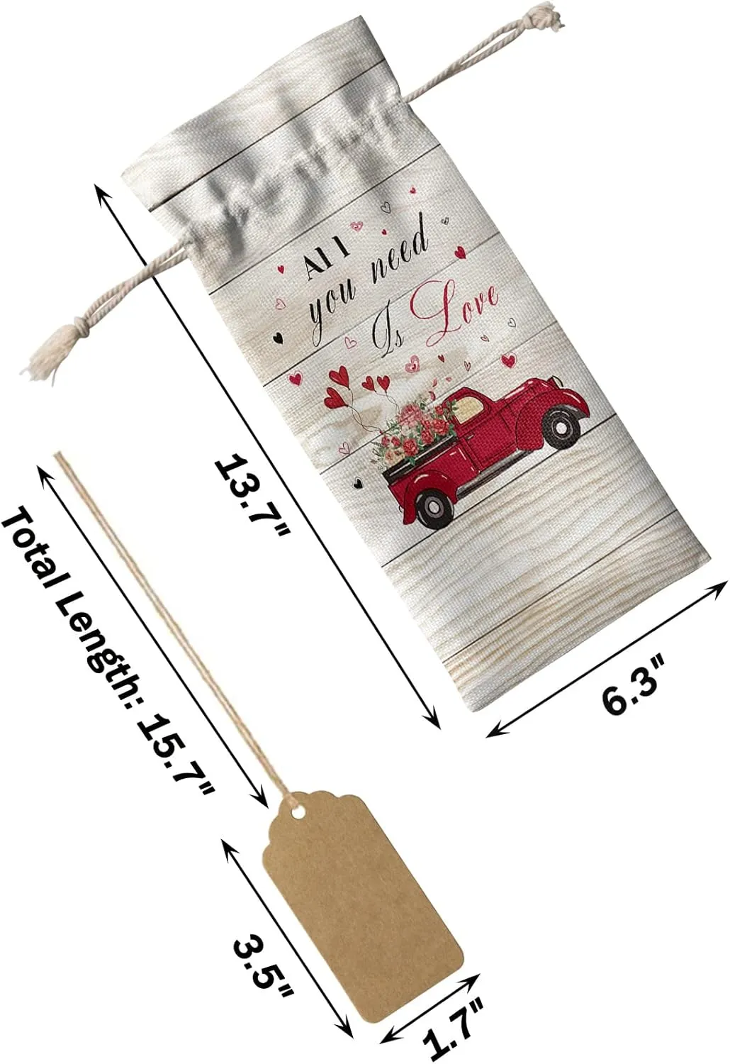 Wine Gift Bag Washable Wine Bags for Wine Bottles Gifts Valentine's Day Truck with Romantic Rose Heart Rustic Wooden Plank Wine Travel Bag Burlap Wine Bags with Drawstrings Tabs, 10PCS, 6.3x17.3 Inch