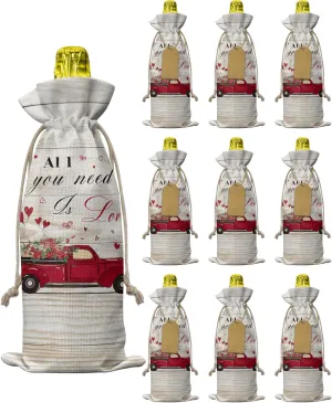 Wine Gift Bag Washable Wine Bags for Wine Bottles Gifts Valentine's Day Truck with Romantic Rose Heart Rustic Wooden Plank Wine Travel Bag Burlap Wine Bags with Drawstrings Tabs, 10PCS, 6.3x17.3 Inch