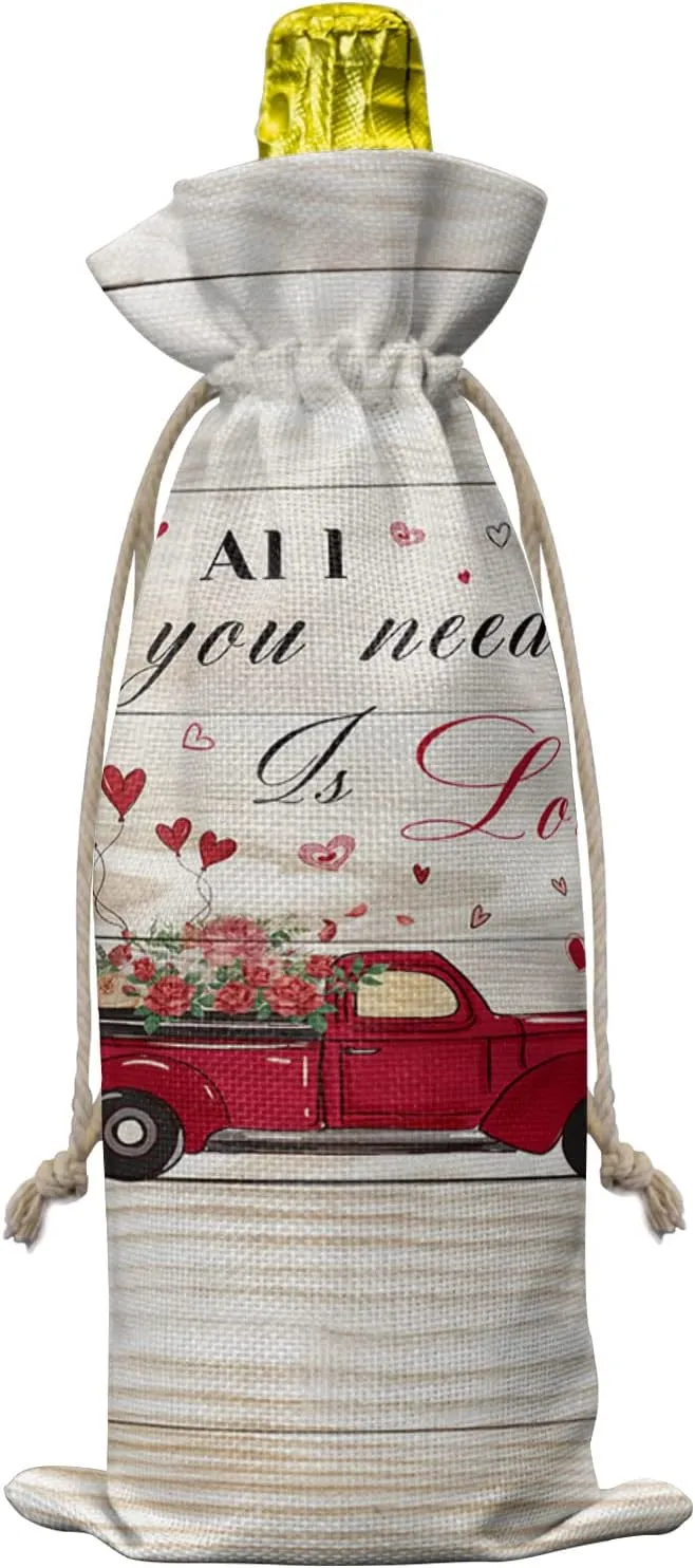 Wine Gift Bag Washable Wine Bags for Wine Bottles Gifts Valentine's Day Truck with Romantic Rose Heart Rustic Wooden Plank Wine Travel Bag Burlap Wine Bags with Drawstrings Tabs, 10PCS, 6.3x17.3 Inch