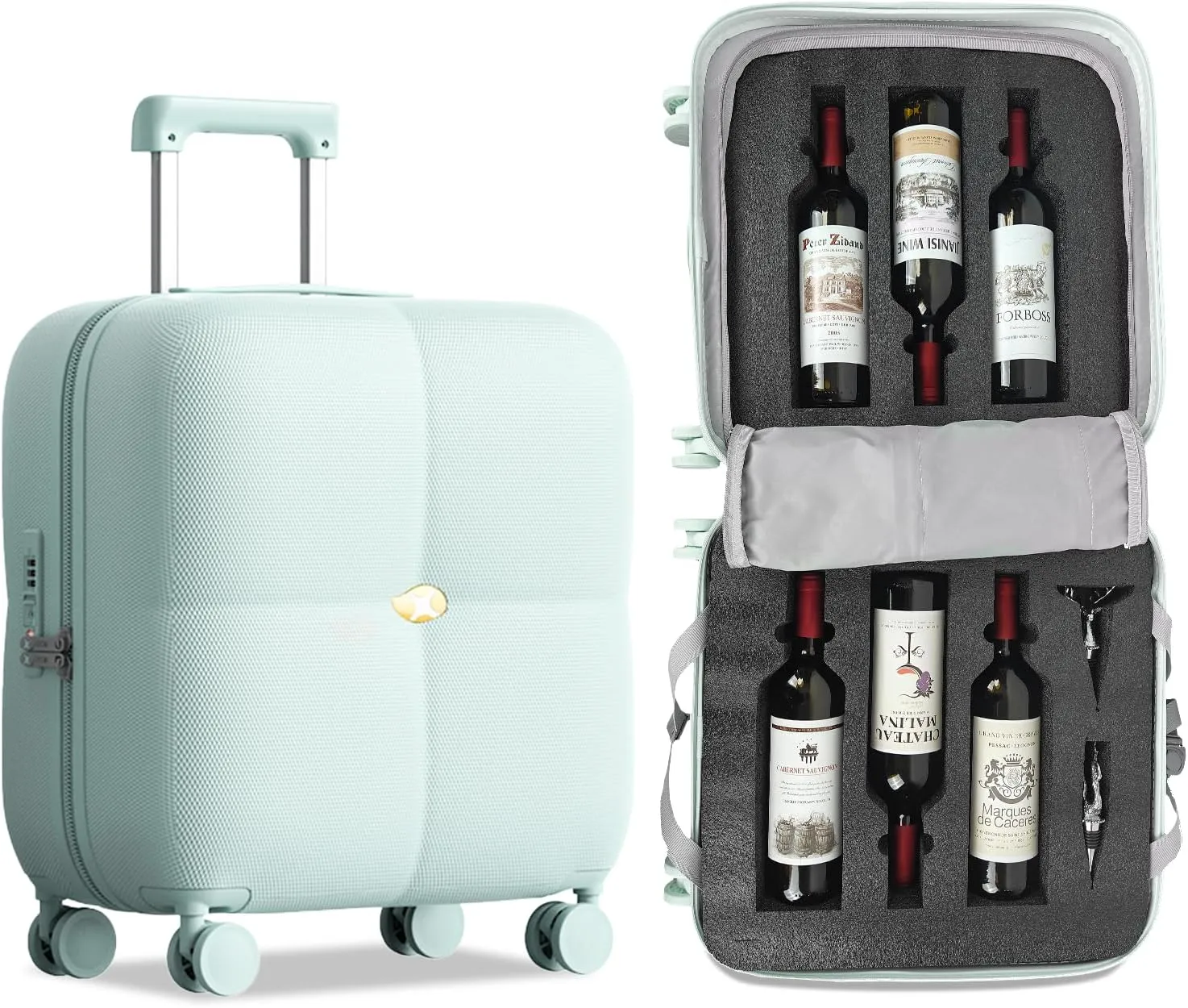 Wine Suitcase - 6 Bottle Travel Case with TSA Lock, Removable Inserts and Silent Spinner Wheels