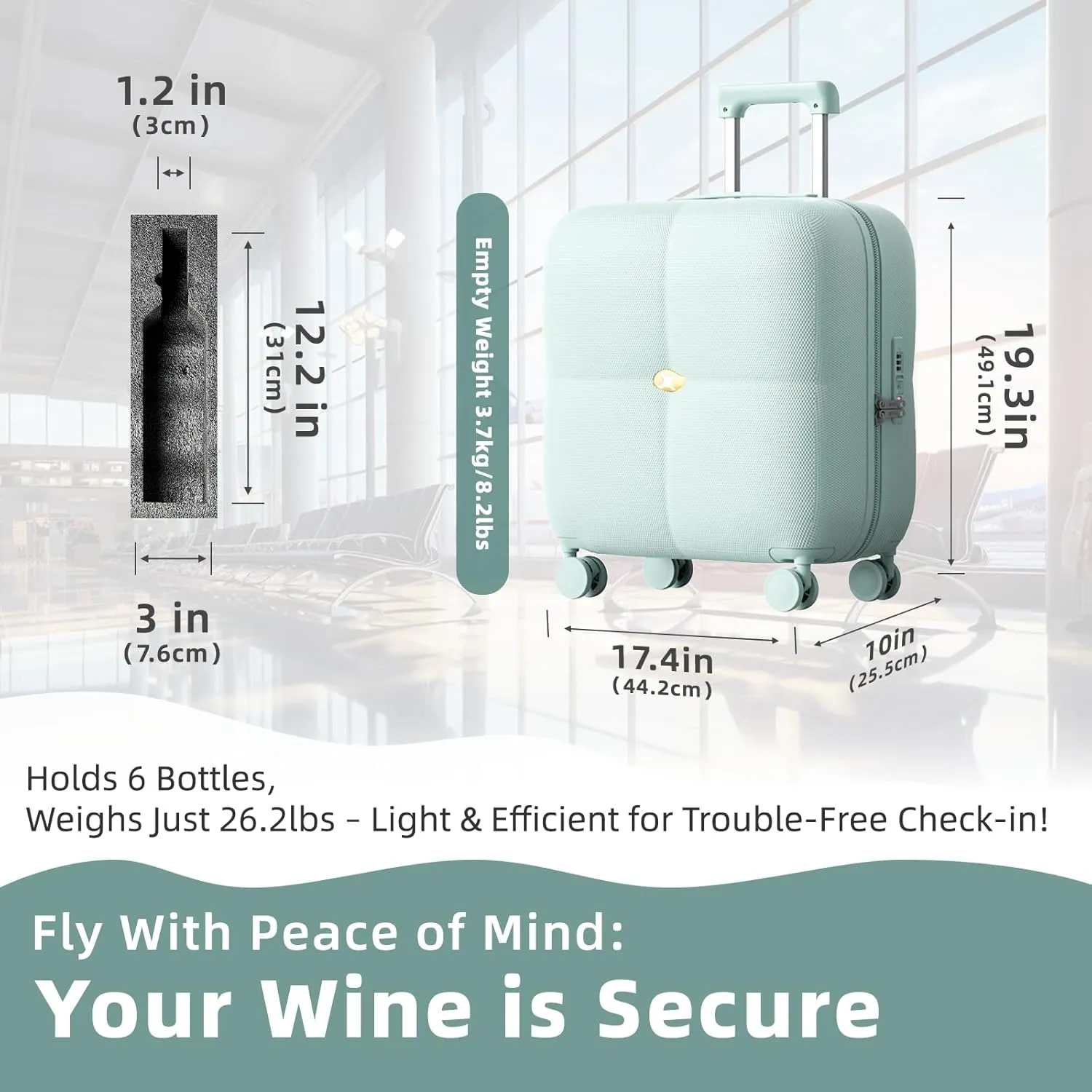 Wine Suitcase - 6 Bottle Travel Case with TSA Lock, Removable Inserts and Silent Spinner Wheels