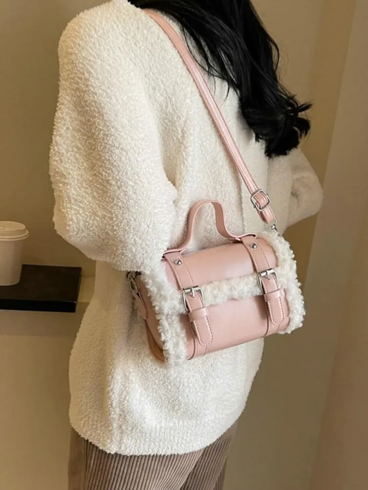 Winter Faux Fur Trim Shoulder Bag Women PU Leather Tote Bag Solid Color Tote Handbag Crossbody Bag for Women