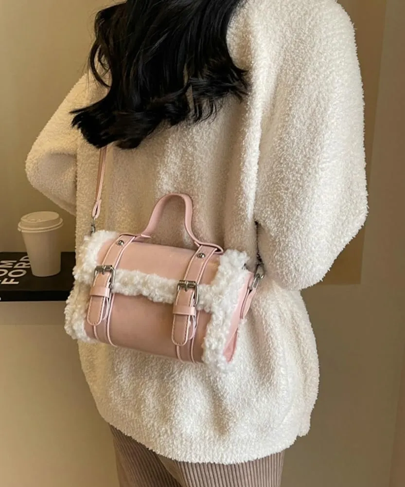 Winter Faux Fur Trim Shoulder Bag Women PU Leather Tote Bag Solid Color Tote Handbag Crossbody Bag for Women