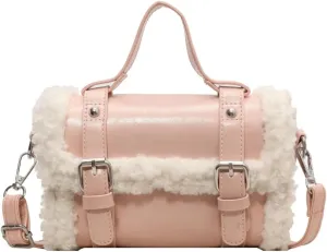 Winter Faux Fur Trim Shoulder Bag Women PU Leather Tote Bag Solid Color Tote Handbag Crossbody Bag for Women