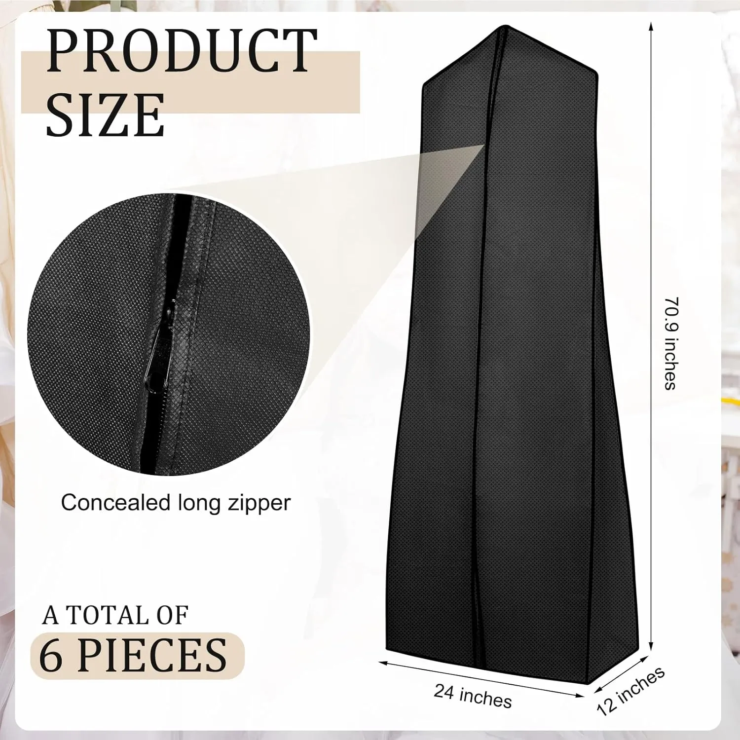 Woanger 6 Pcs 70.9" x 24" x 12" Bridal Wedding Gown Dress Garment Bag for Travel Large Garment Covers Hanging Foldable Non Woven Wedding Dress Bag for Storage Zipped Long Dress Cover (Black)