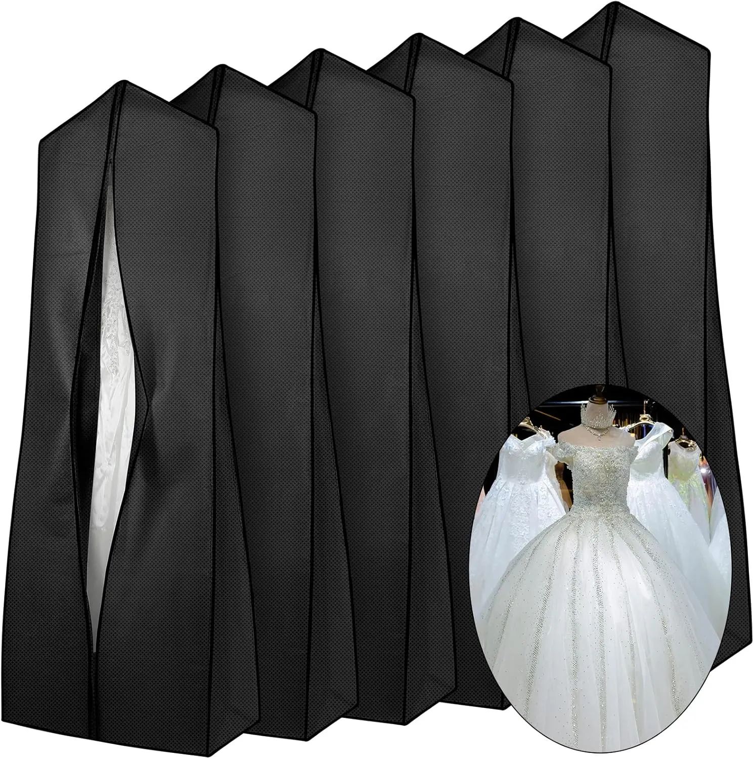 Woanger 6 Pcs 70.9" x 24" x 12" Bridal Wedding Gown Dress Garment Bag for Travel Large Garment Covers Hanging Foldable Non Woven Wedding Dress Bag for Storage Zipped Long Dress Cover (Black)