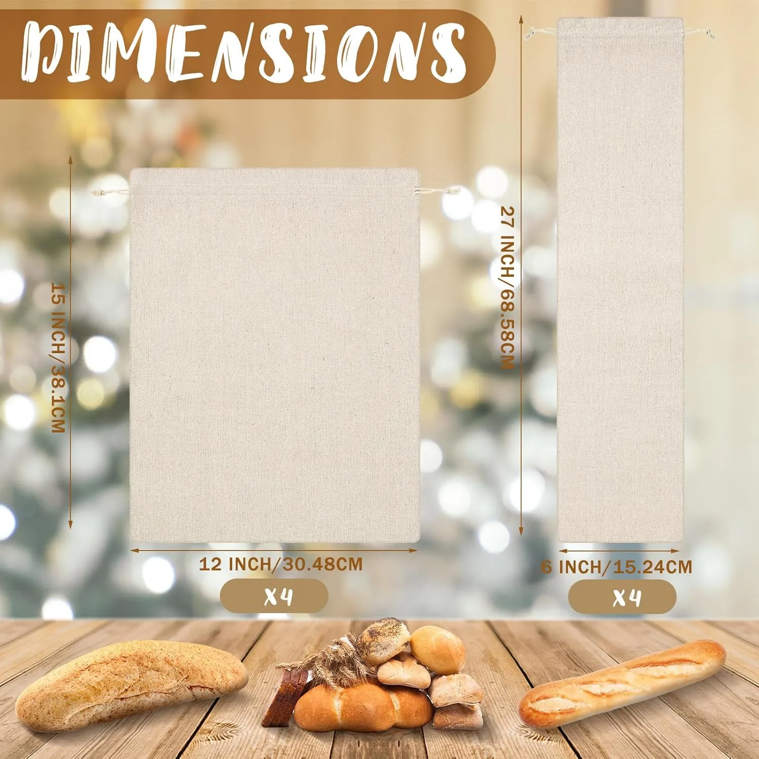 Woanger 8 Pcs Linen Bread Bag Burlap Drawstring Reusable Bread Bags 12 x 15 Inch 6 x 27 Inch for Homemade Large Storage Unbleached Container Gift(Blank Pattern)