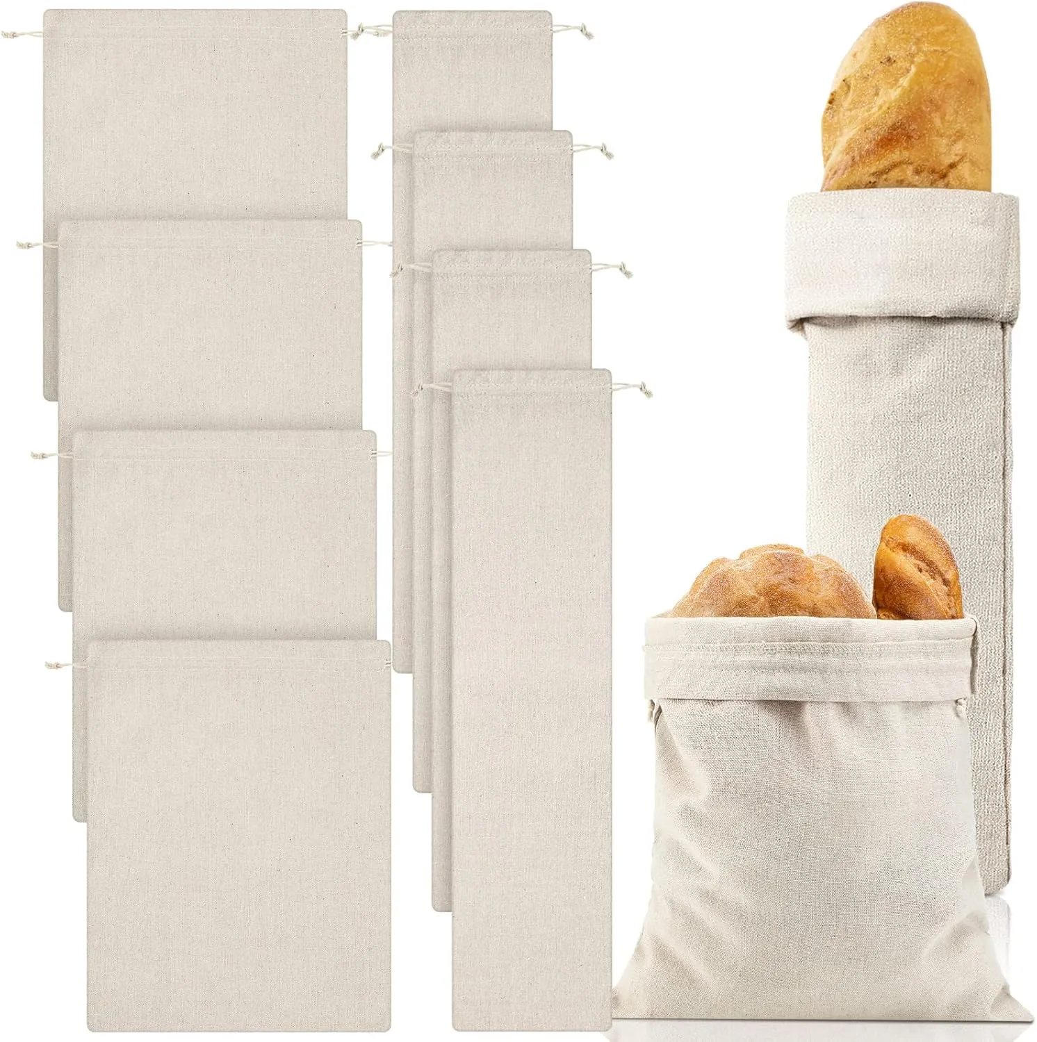 Woanger 8 Pcs Linen Bread Bag Burlap Drawstring Reusable Bread Bags 12 x 15 Inch 6 x 27 Inch for Homemade Large Storage Unbleached Container Gift(Blank Pattern)