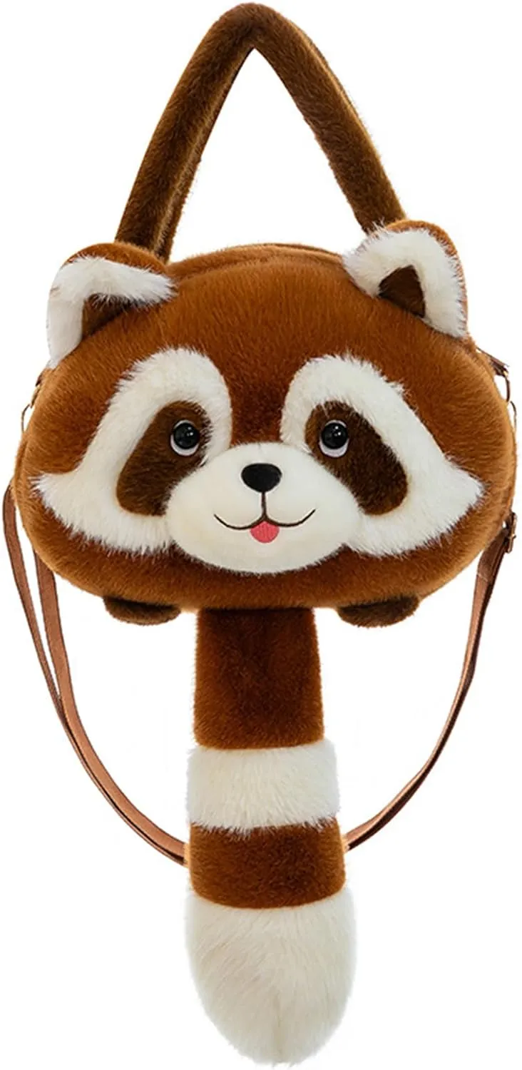 Women Crossbody Bag Plush Raccoon Shape Cute Zip-Up Contrasting Color Cartoon Casual Fashion Backpack (Khaki, S)