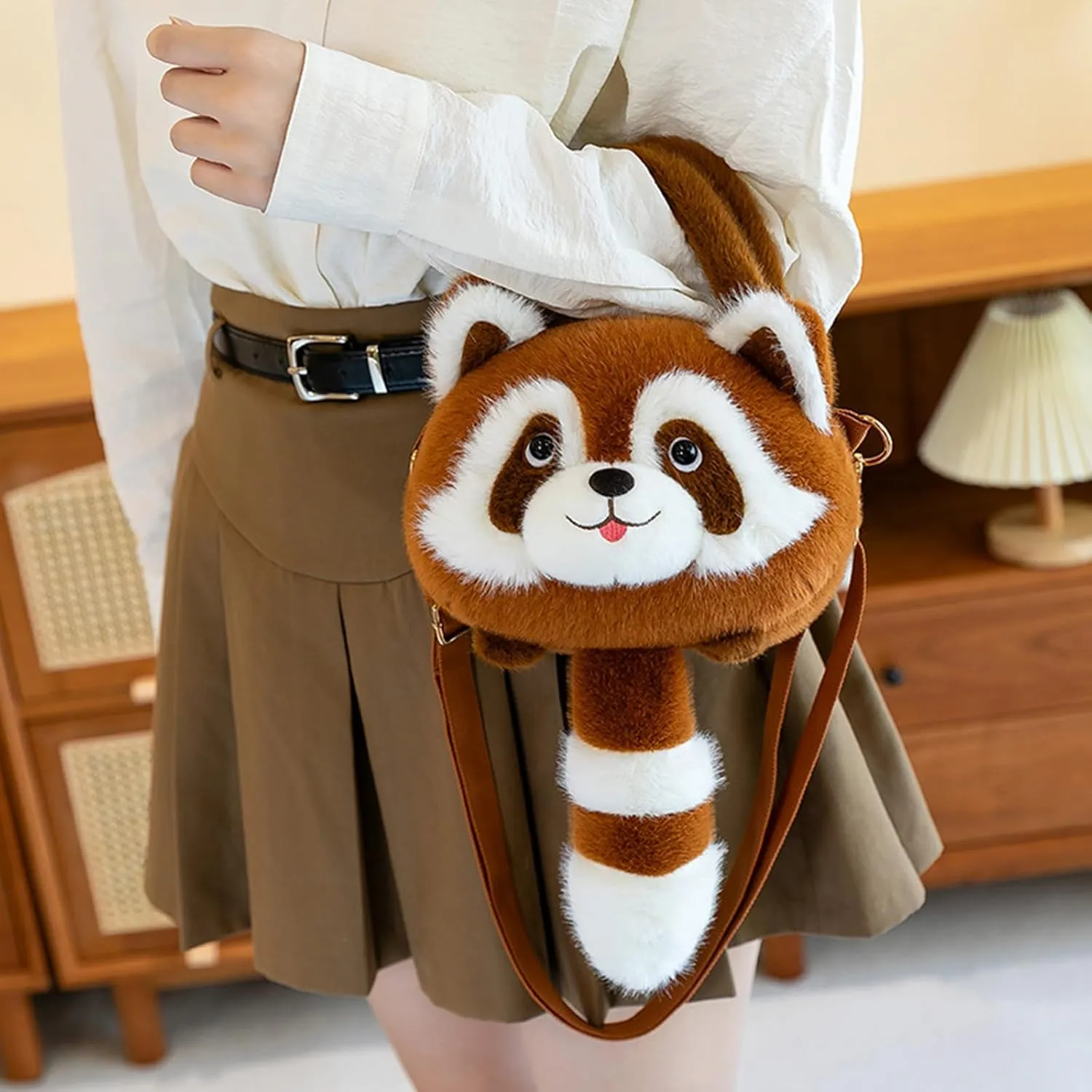 Women Crossbody Bag Plush Raccoon Shape Cute Zip-Up Contrasting Color Cartoon Casual Fashion Backpack (Khaki, S)