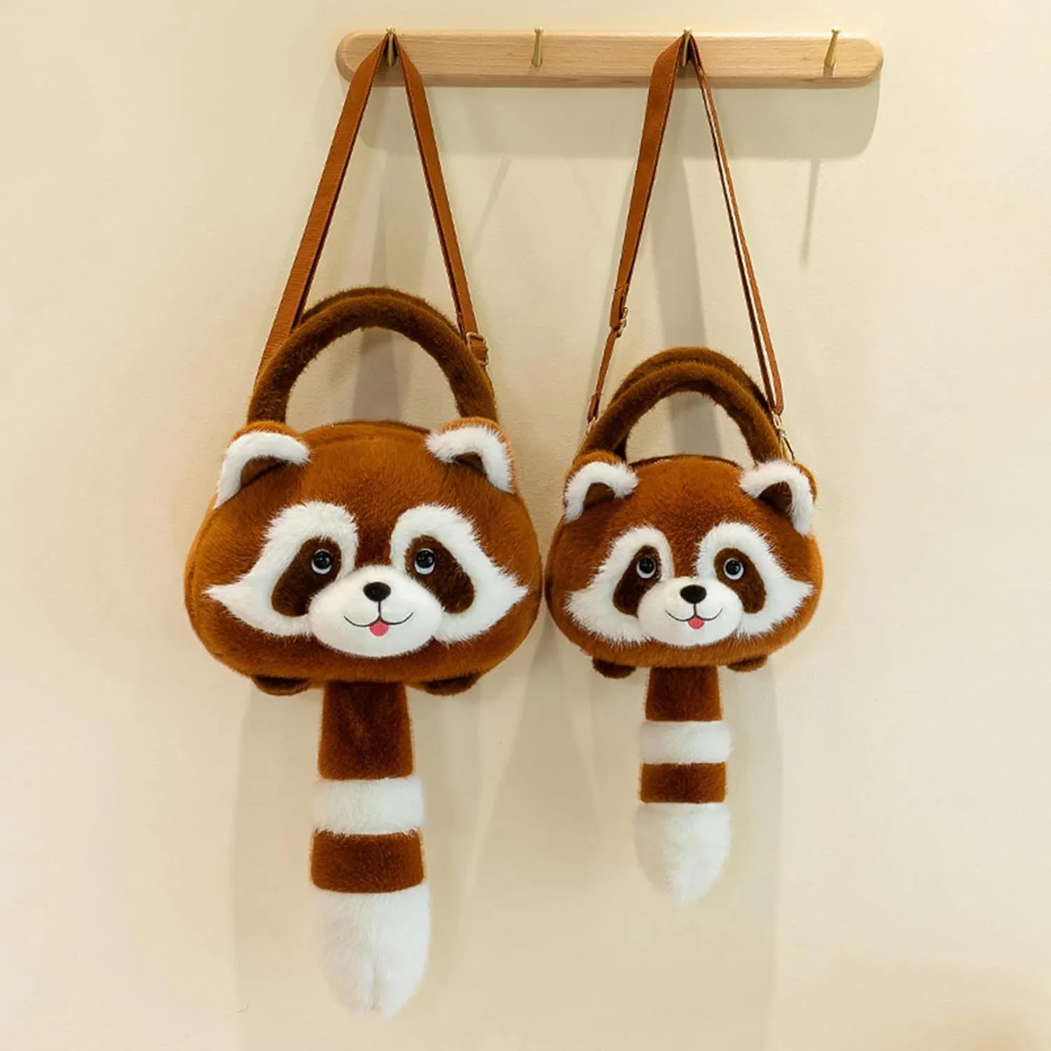 Women Crossbody Bag Plush Raccoon Shape Cute Zip-Up Contrasting Color Cartoon Casual Fashion Backpack (Khaki, S)