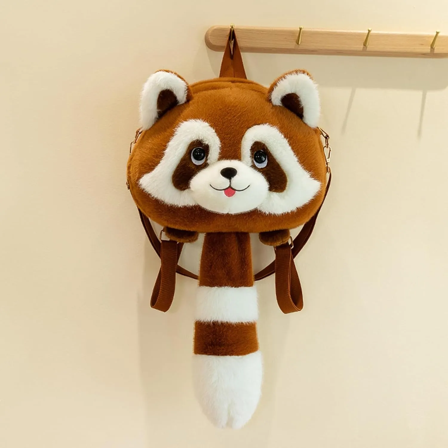 Women Crossbody Bag Plush Raccoon Shape Cute Zip-Up Contrasting Color Cartoon Casual Fashion Backpack (Khaki, S)