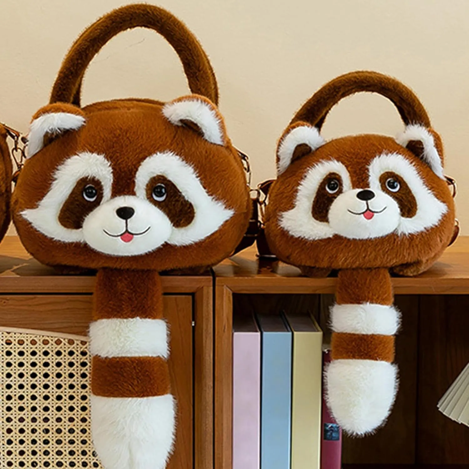 Women Crossbody Bag Plush Raccoon Shape Cute Zip-Up Contrasting Color Cartoon Casual Fashion Backpack (Khaki, S)