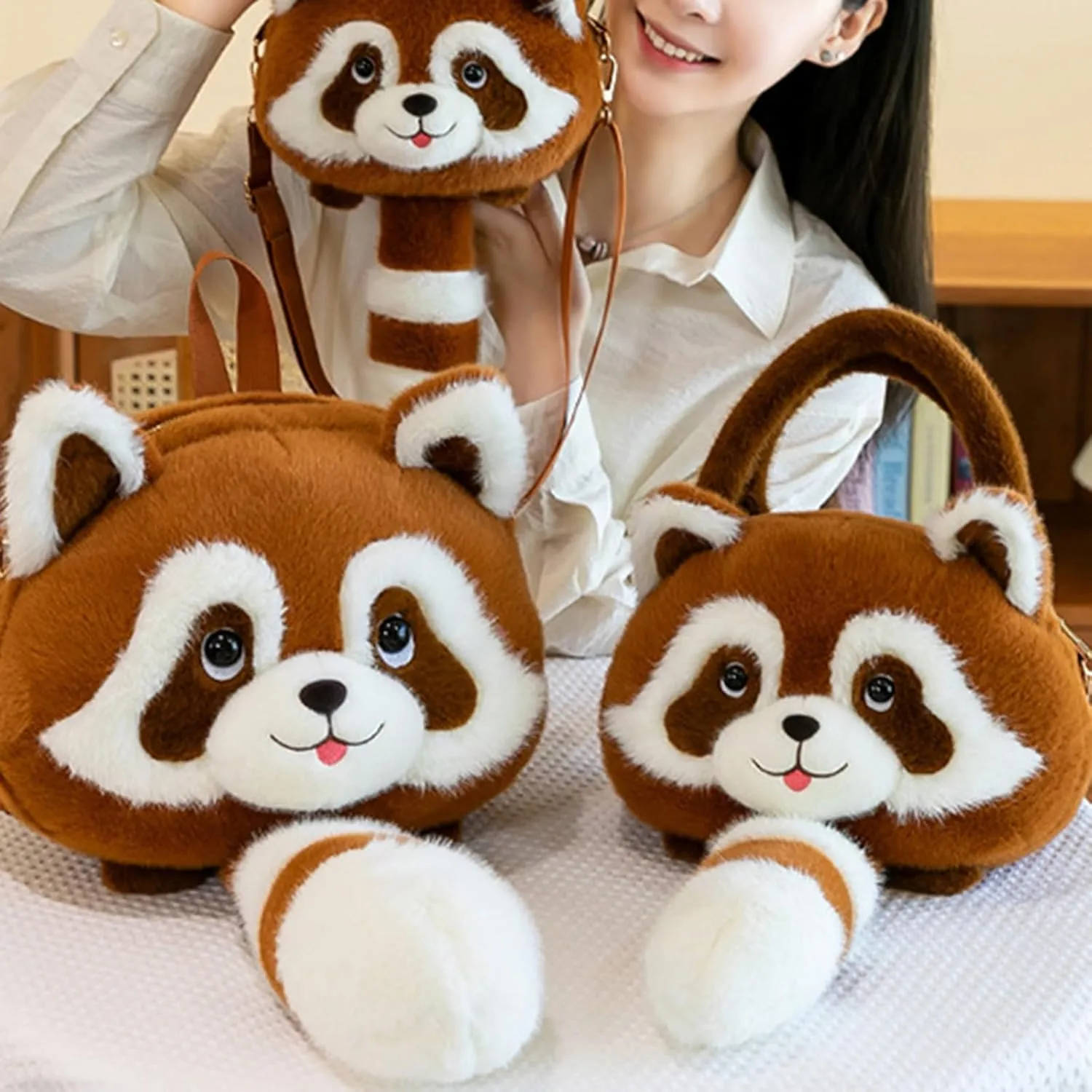 Women Crossbody Bag Plush Raccoon Shape Cute Zip-Up Contrasting Color Cartoon Casual Fashion Backpack (Khaki, S)
