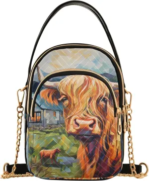 Women Crossbody Handbag Cattle in Front Of Village House Quilted Chain Bag