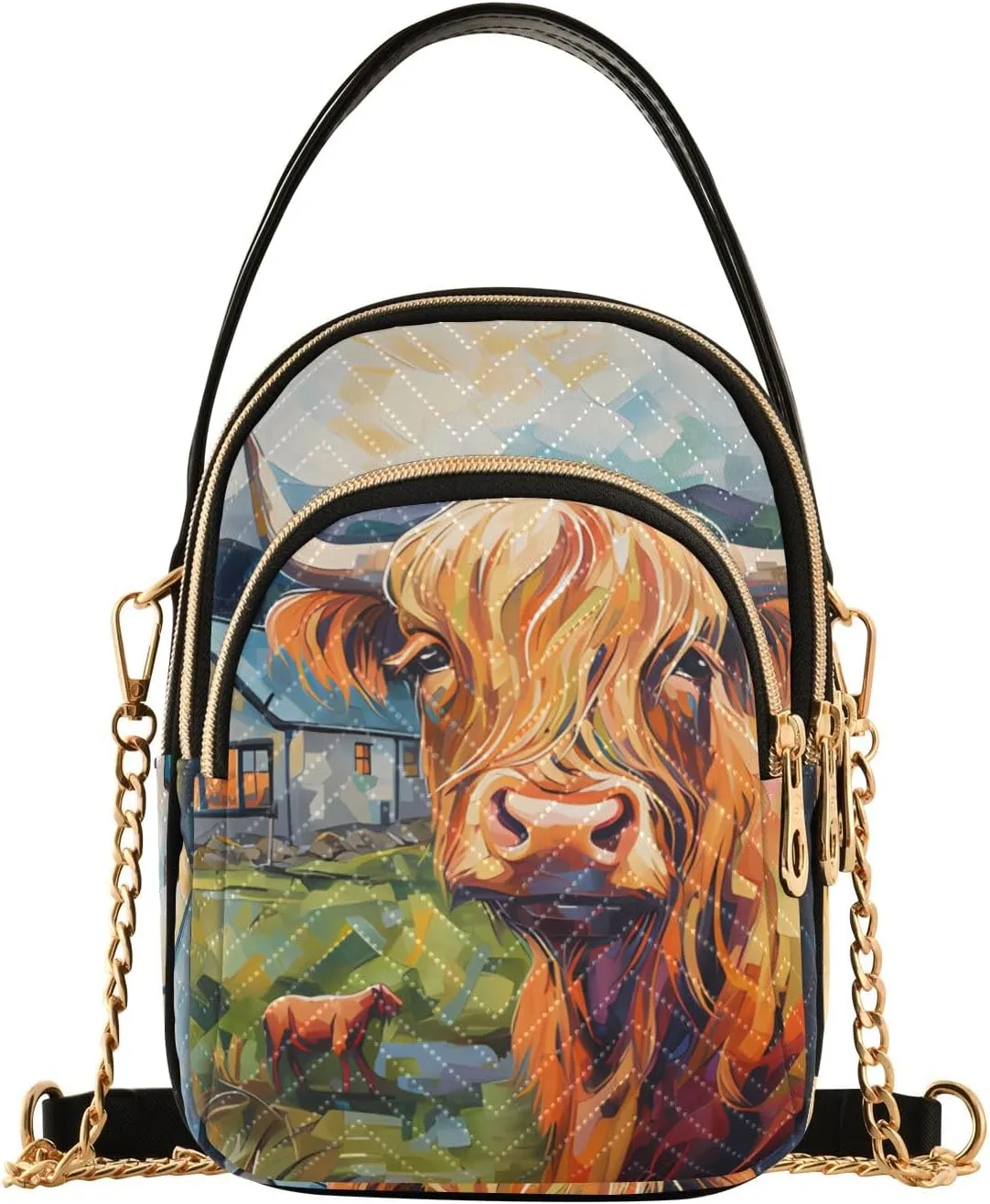 Women Crossbody Handbag Cattle in Front Of Village House Quilted Chain Bag