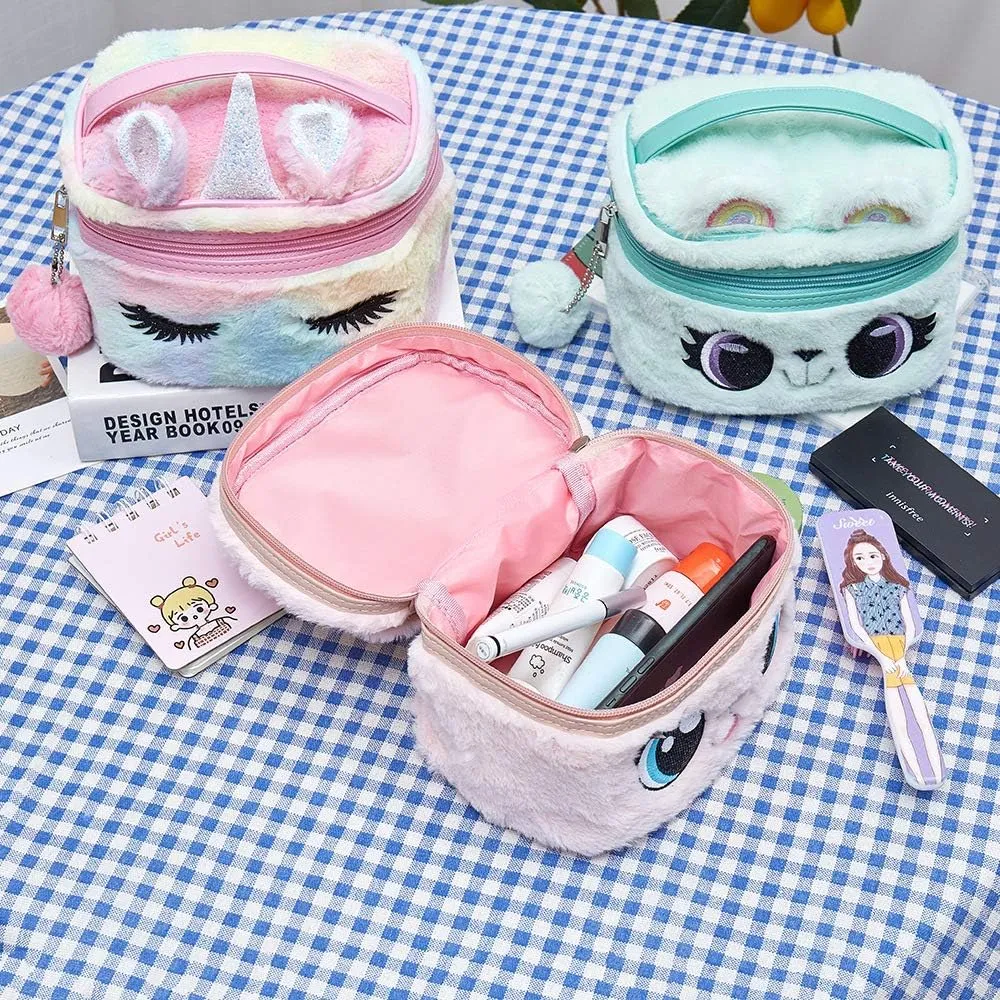 Women Girls Kids Fluffy Faux Fur Unicorn Makeup Bag Small Cosmetic Organizer Plush Travel Storage Bags Toiletry Kit Case
