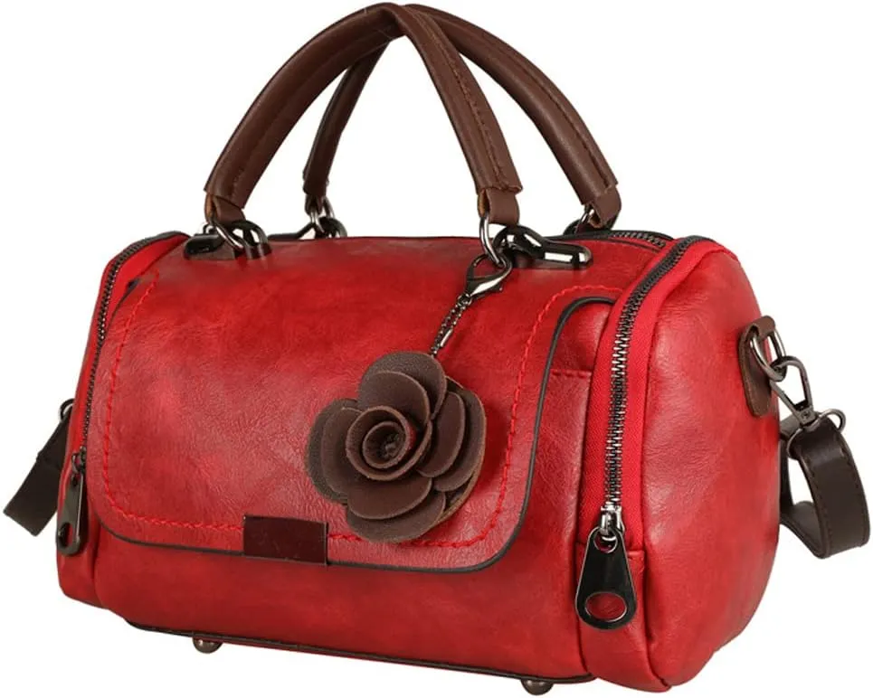 Women Satchel Bags Faux Leather Top Handle Handbags Boston Crossbody Bags Flower Pendant Zipper Purse Shoulder Bag
