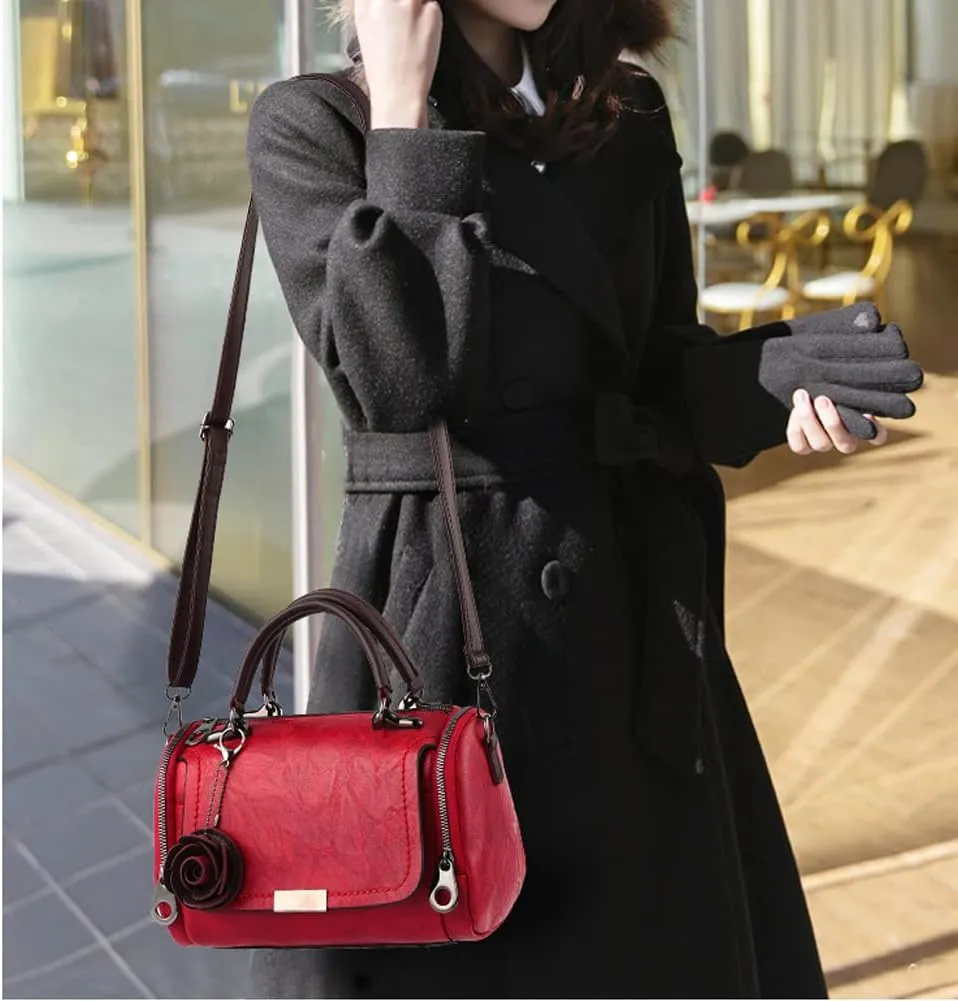 Women Satchel Bags Faux Leather Top Handle Handbags Boston Crossbody Bags Flower Pendant Zipper Purse Shoulder Bag