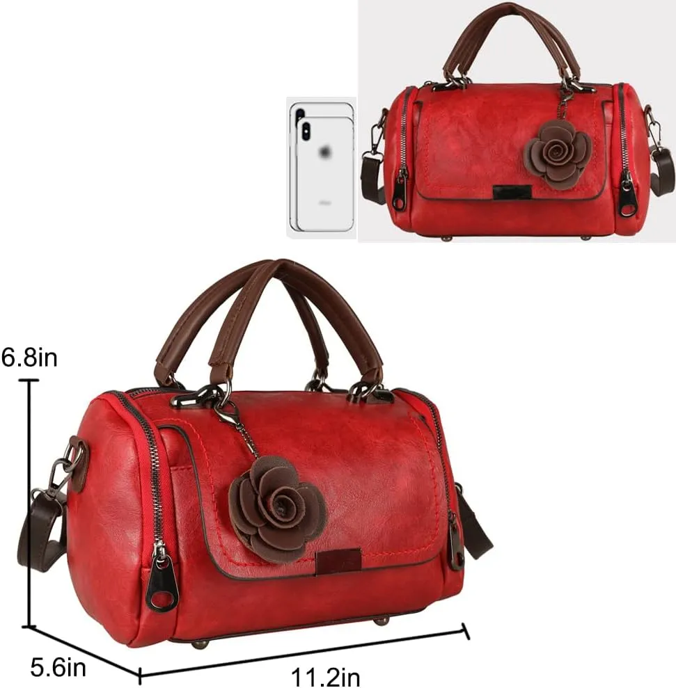 Women Satchel Bags Faux Leather Top Handle Handbags Boston Crossbody Bags Flower Pendant Zipper Purse Shoulder Bag
