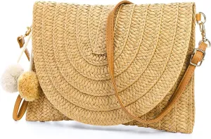Women Straw Shoulder Bag, Hand-woven Crossbody Clutch Handbag with Detachable Strap, Summer Envelope Purse Wallet for Beach, Holiday, Daily Use