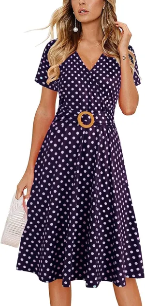Women's Elegant Criss-Cross V Neck Vintage Short Sleeve Work Casual Fit and Flare Tea Dress with Pockets 980