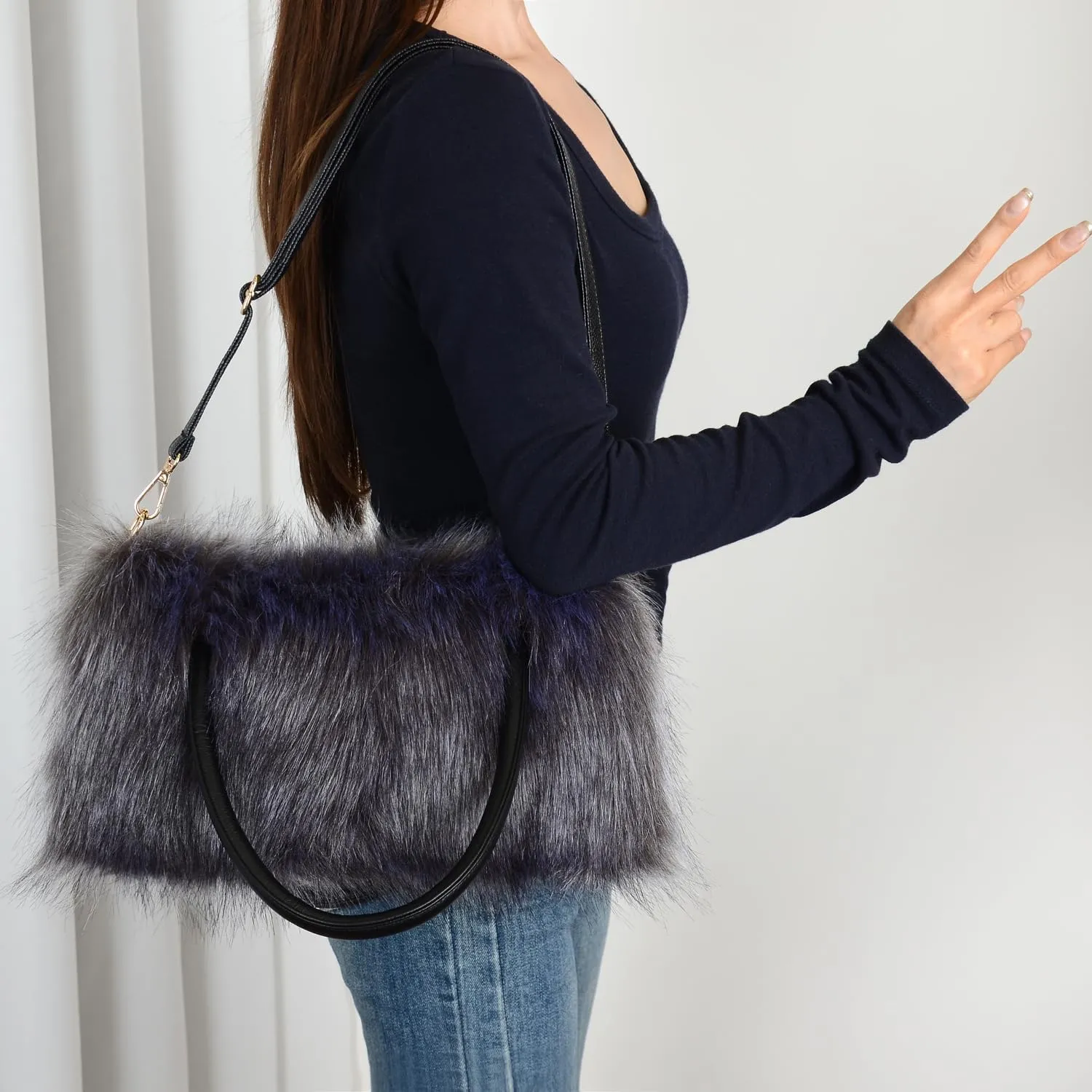 Womens Faux Fur Shoulder Bag Furry Purse Handbag Crossbody Bag with Shoulder Strap