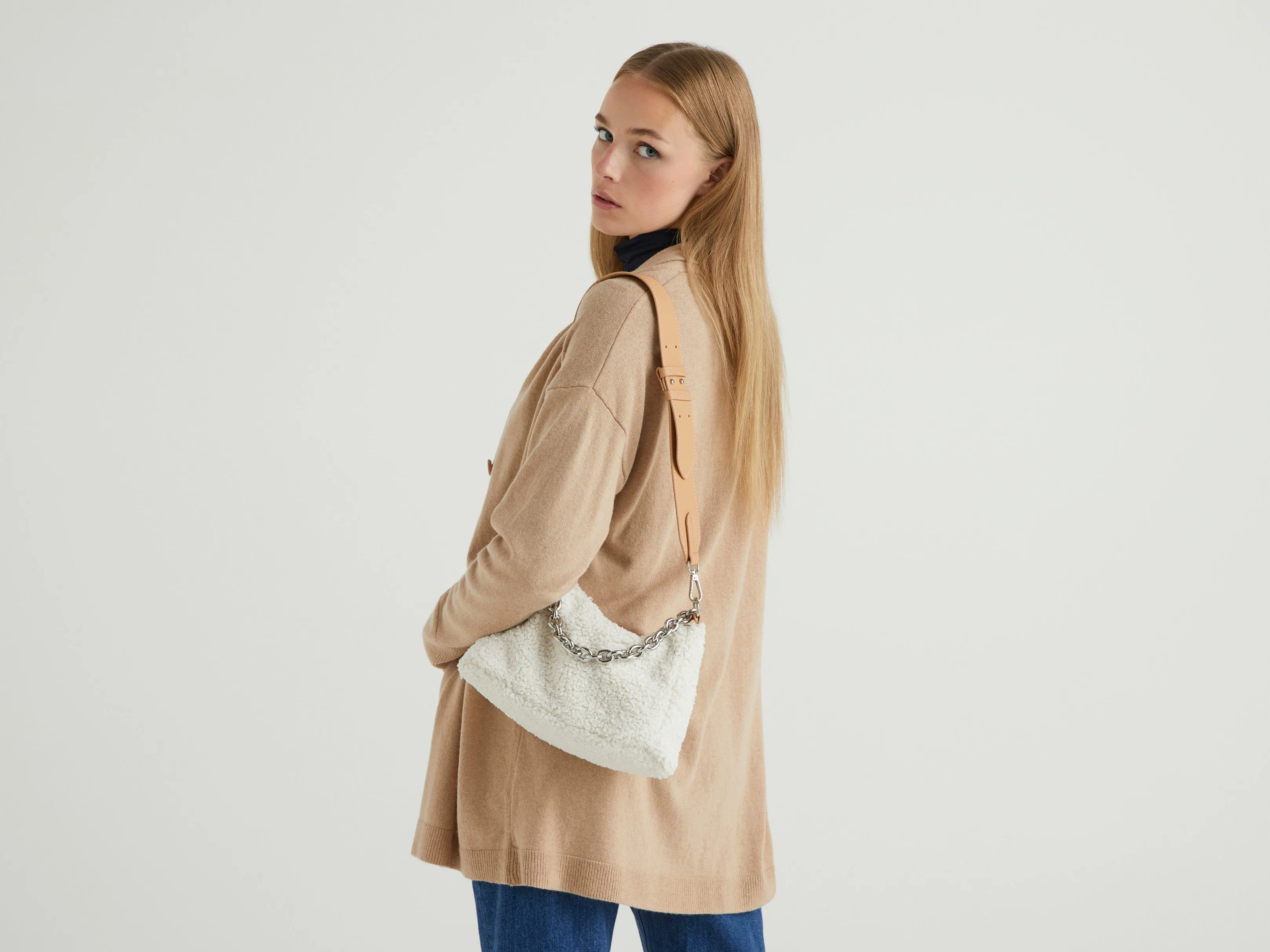 Womens Fleece Side Sling Bag with Chain Detail