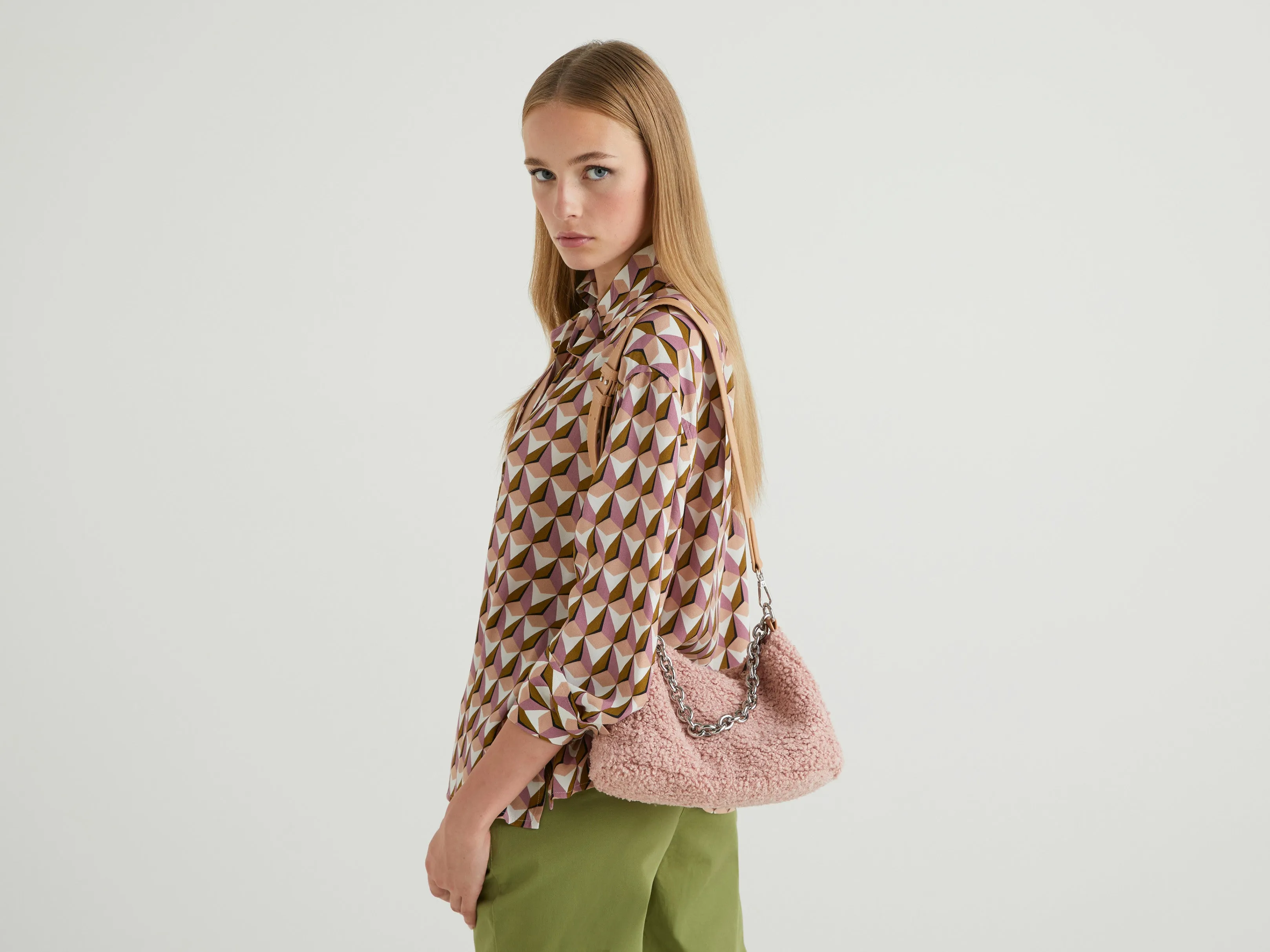 Womens Fleece Side Sling Bag with Chain Detail