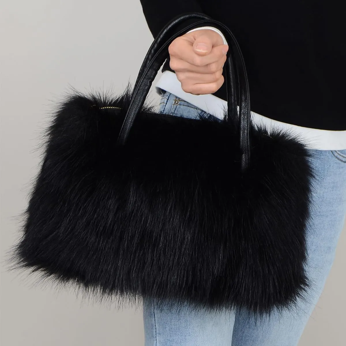 Women's Furry Shoulder Handbags Faux Fur Work Tote Bag for Women Fluffy Satchel Handbags Wristlet Zipper Purses