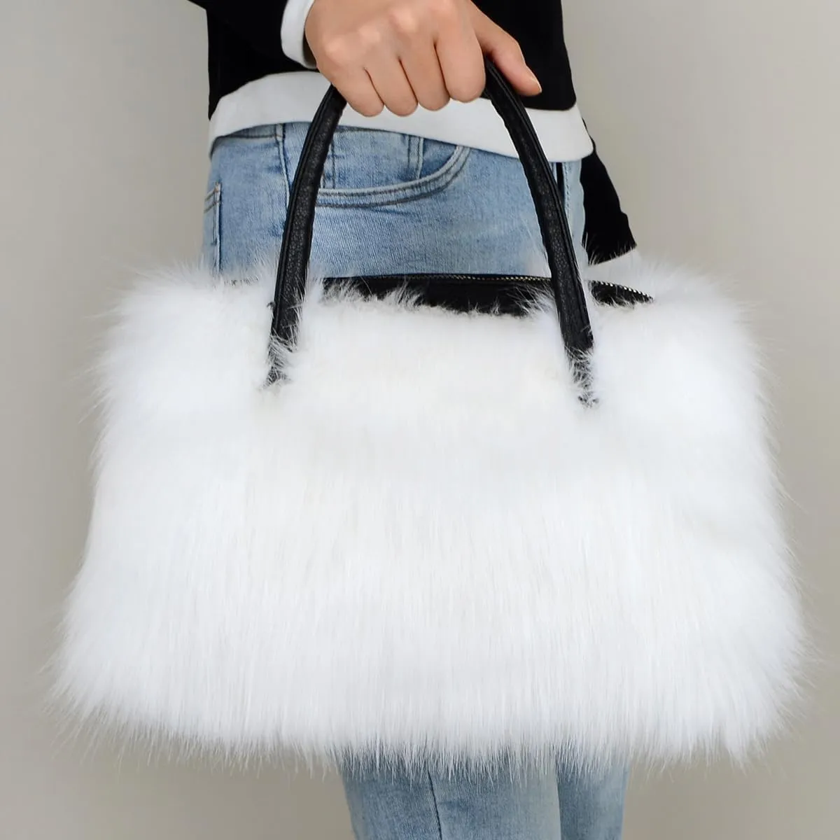 Women's Furry Shoulder Handbags Faux Fur Work Tote Bag for Women Fluffy Satchel Handbags Wristlet Zipper Purses