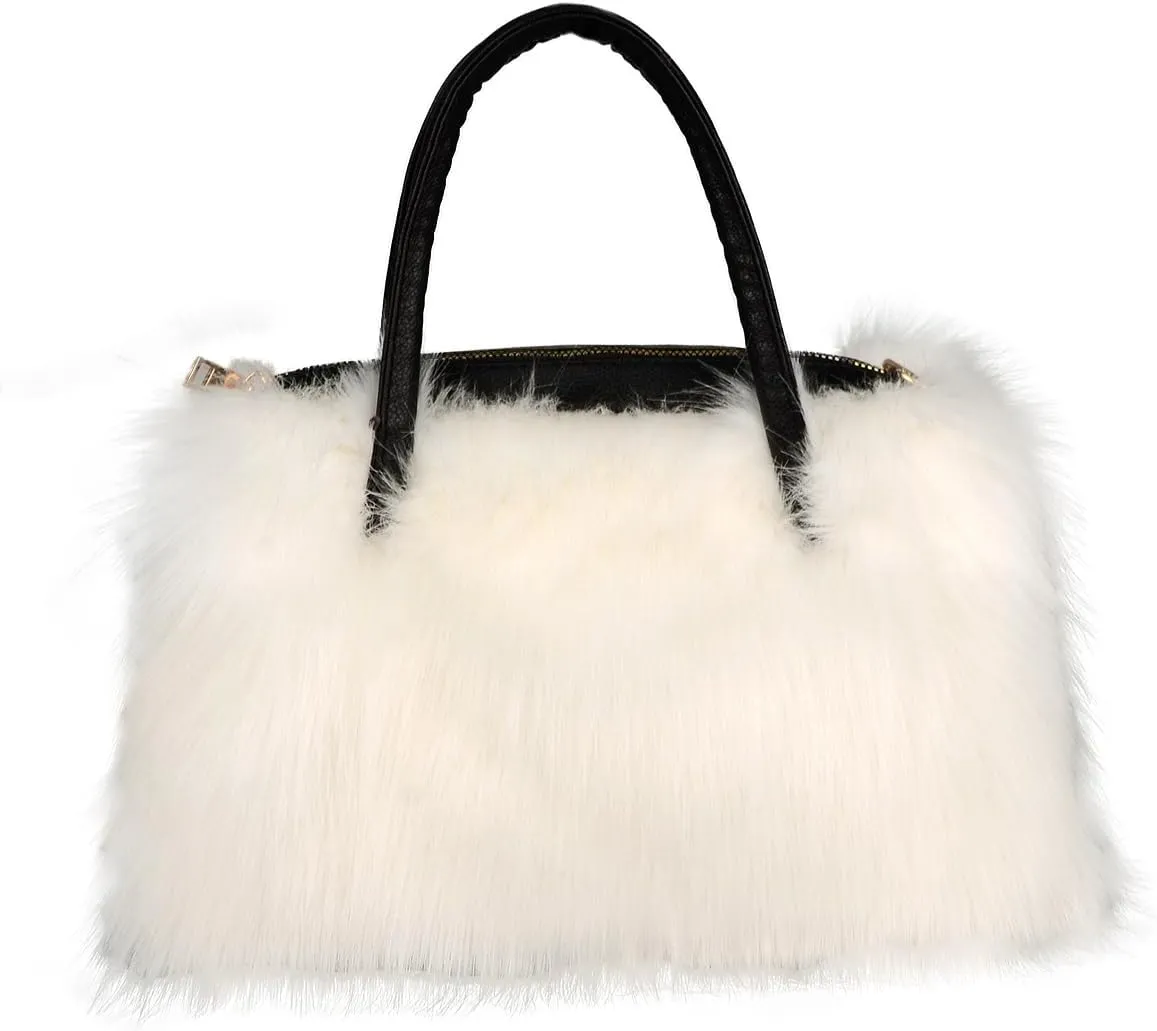 Women's Furry Shoulder Handbags Faux Fur Work Tote Bag for Women Fluffy Satchel Handbags Wristlet Zipper Purses