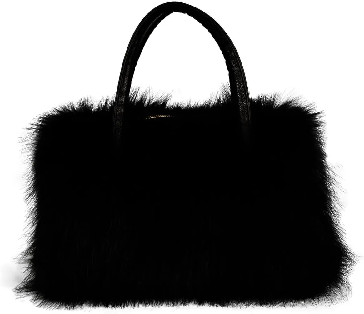Women's Furry Shoulder Handbags Faux Fur Work Tote Bag for Women Fluffy Satchel Handbags Wristlet Zipper Purses
